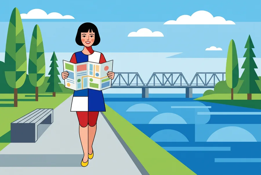 Drawn illustration: the guide's character walks along a riverside trail holding an open map, with a steel truss bridge across a wide river and tall trees.